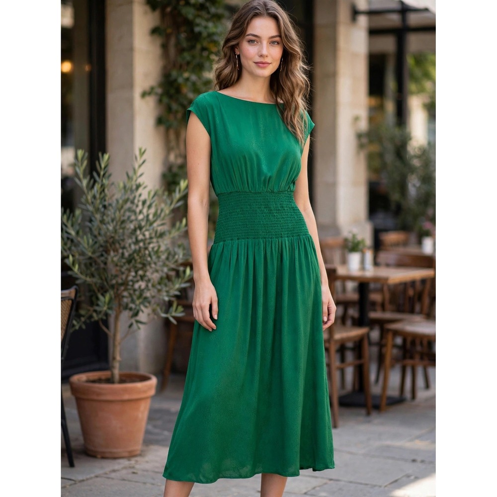 Pearl by Lela Rose Green Smocked Waist Jacquard Midi Dress Emerald Small